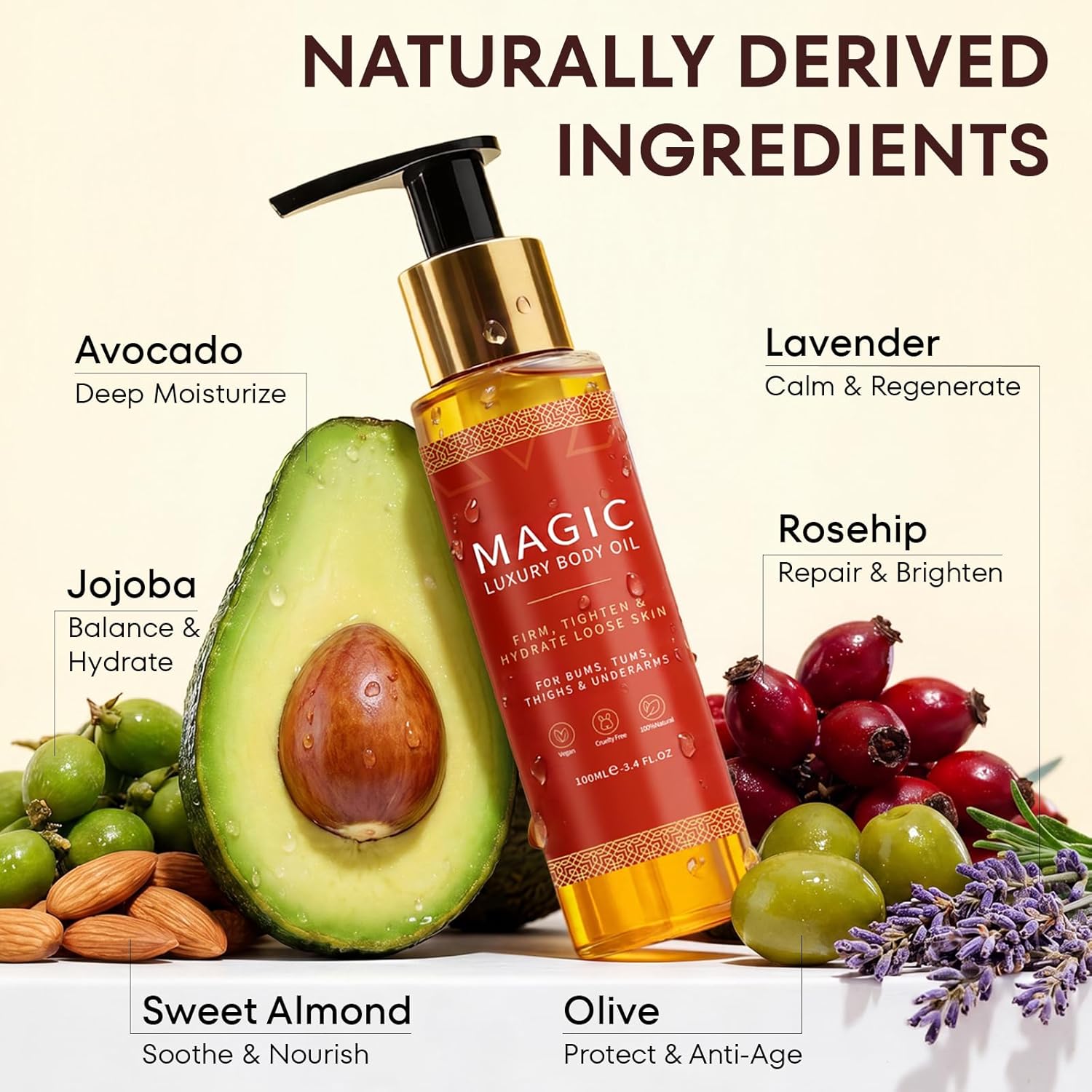 Bealions Magic Body Oil for Women: Firming Hydrating After Shower - Glowing Skin with 8 Natural Oils Almond Rosehip Jojoba - Non-Greasy Formula 3.4 Fl Oz (Cherry Red, Pack of 1)