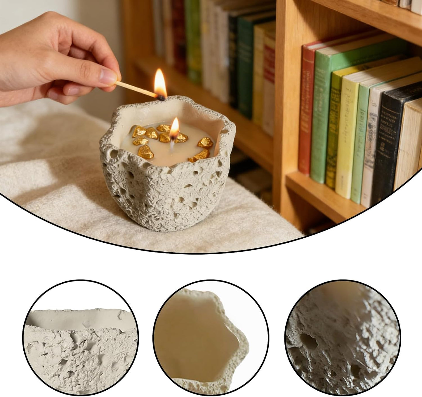 Match Holder Jar with Striker - 100+ Long Matches for Candles, Fireplaces & Decor, Textured Stone Design, All-in-One Match Storage & Striker Jar