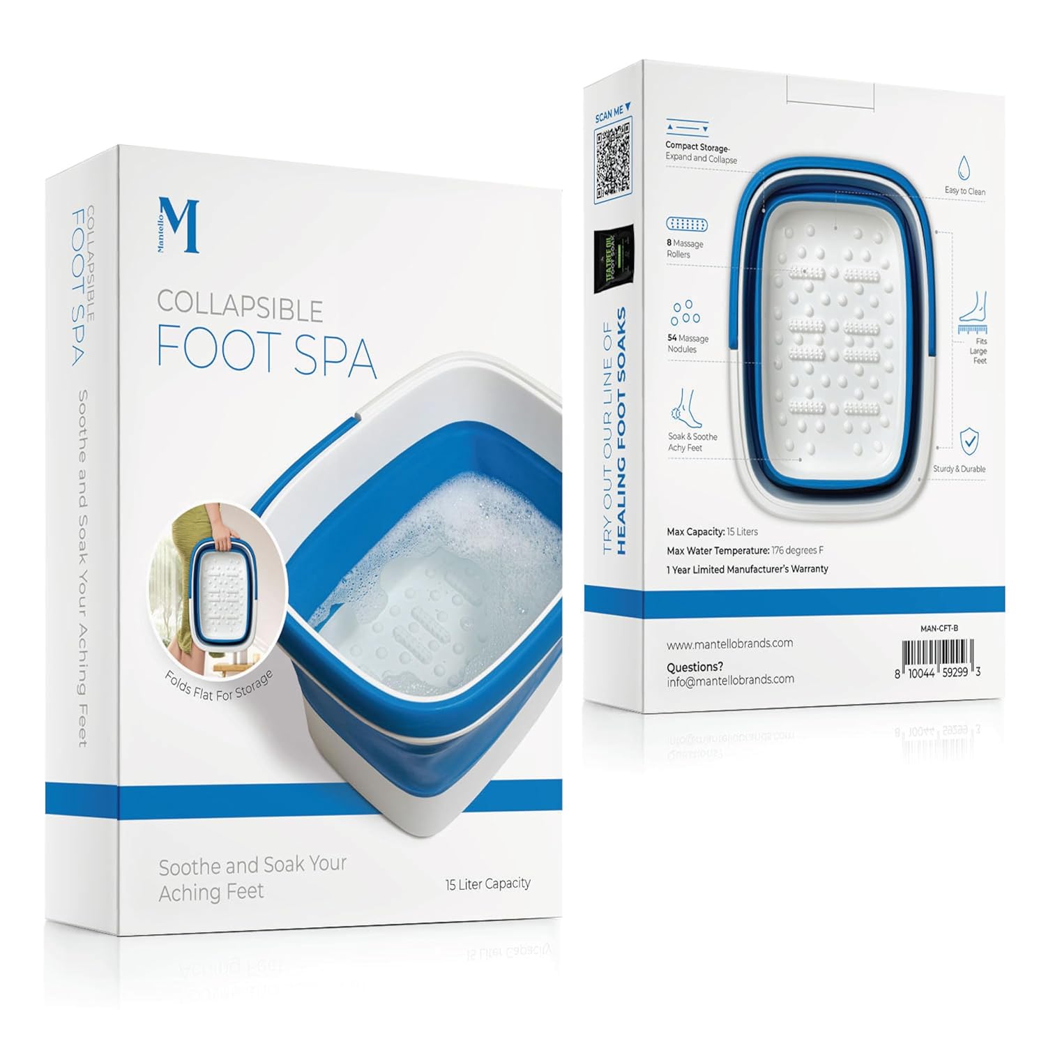 Mantello Collapsible Foot Bath Foot Soaking Tub | Portable Foot Spa Pedicure Bowl | Large Basin to Soak & Wash Feet | Folding Bucket with Carry Handle | White & Grey, Blue, Green [Blue]