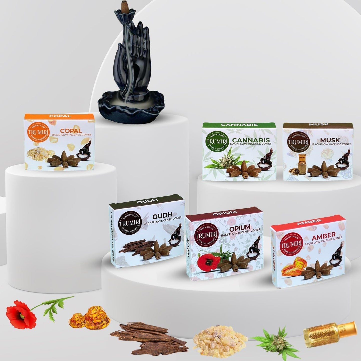 Exotic - Backflow Incense Cones for Waterfall - Scented Inscents-Cones - Copal, Amber, Musk, Oud - Insiensos Aromaticos - 6x10=60 Large Variety Pack