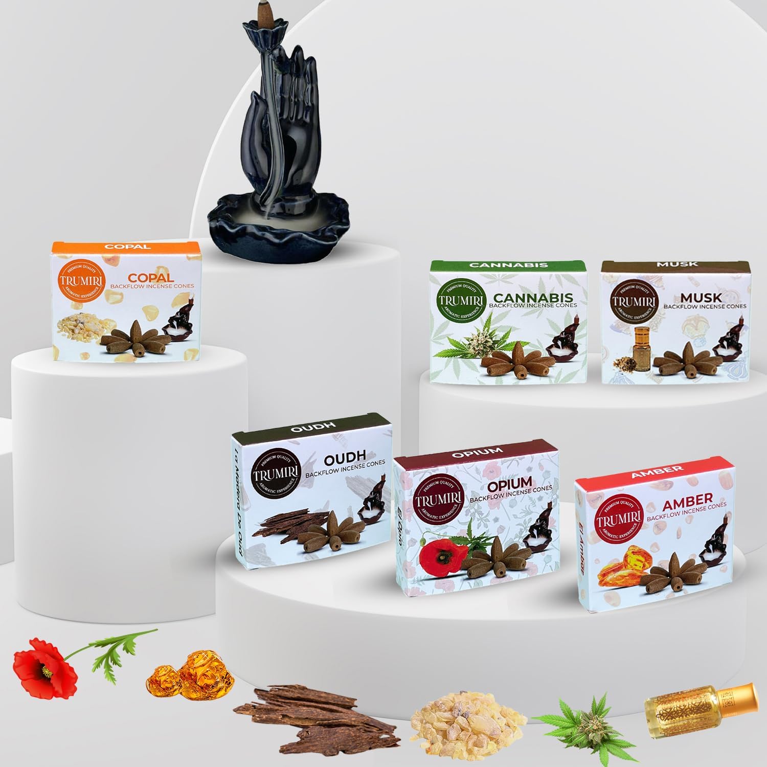 Exotic - Backflow Incense Cones for Waterfall - Scented Inscents-Cones - Copal, Amber, Musk, Oud - Insiensos Aromaticos - 6x10=60 Large Variety Pack