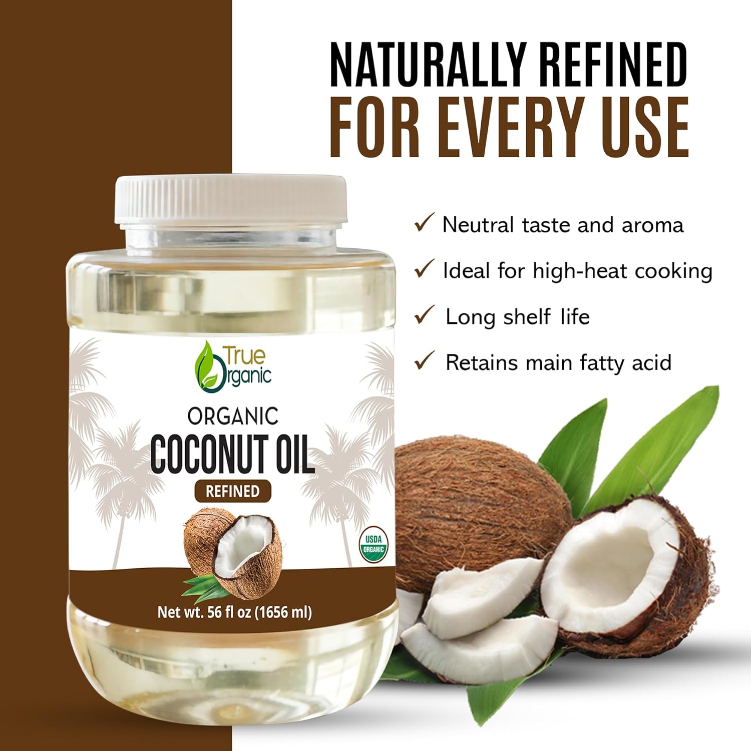 Refined Coconut Oil 56 fl oz | USDA Organic Certified | Organic Coconut Oil for Cooking and Baking. RBD Oil.