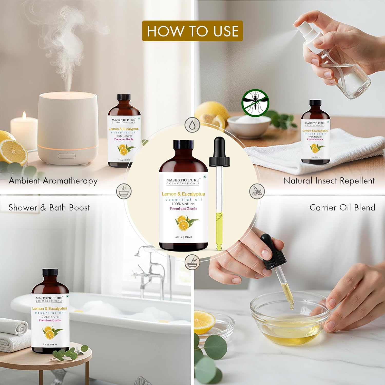 Majestic Pure Lemon Eucalyptus Essential Oil 4 Fl Oz - Fresh Citrus Scent for Diffuser, Home & Cleaning - Crisp, Uplifting Fragrance - Pure & Blend-Friendly Essential Oil