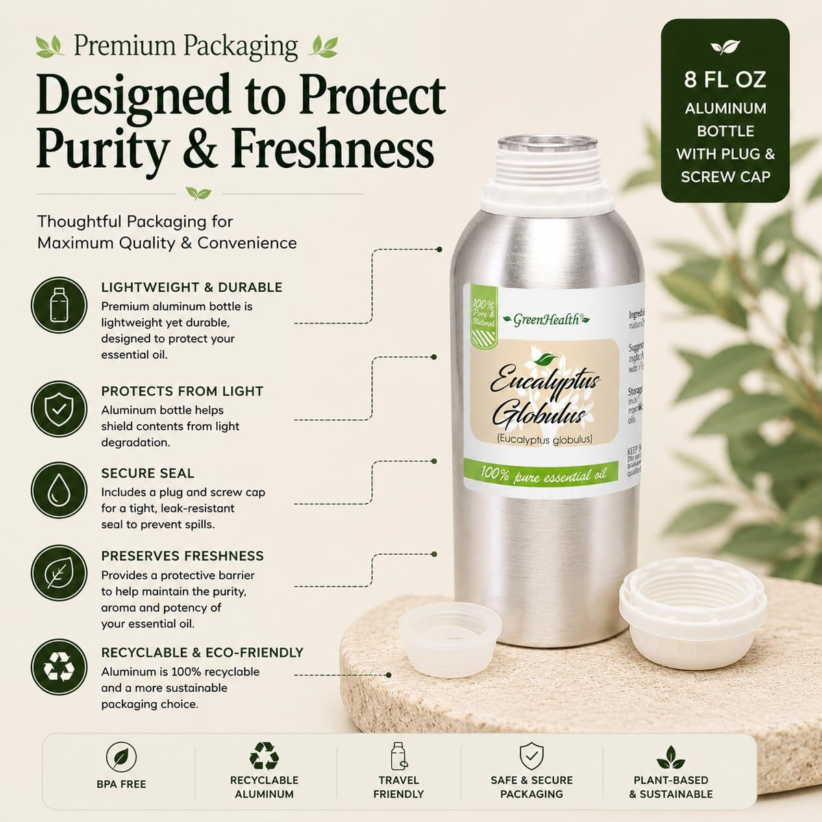 GreenHealth Eucalyptus Essential Oil – 8 fl oz (237 ml) – 100% Pure &amp; Natural – Aromatherapy Oil in Aluminum Bottle with Plug Cap – for Diffuser, Cleaning, Home Fragrance, DIY Use
