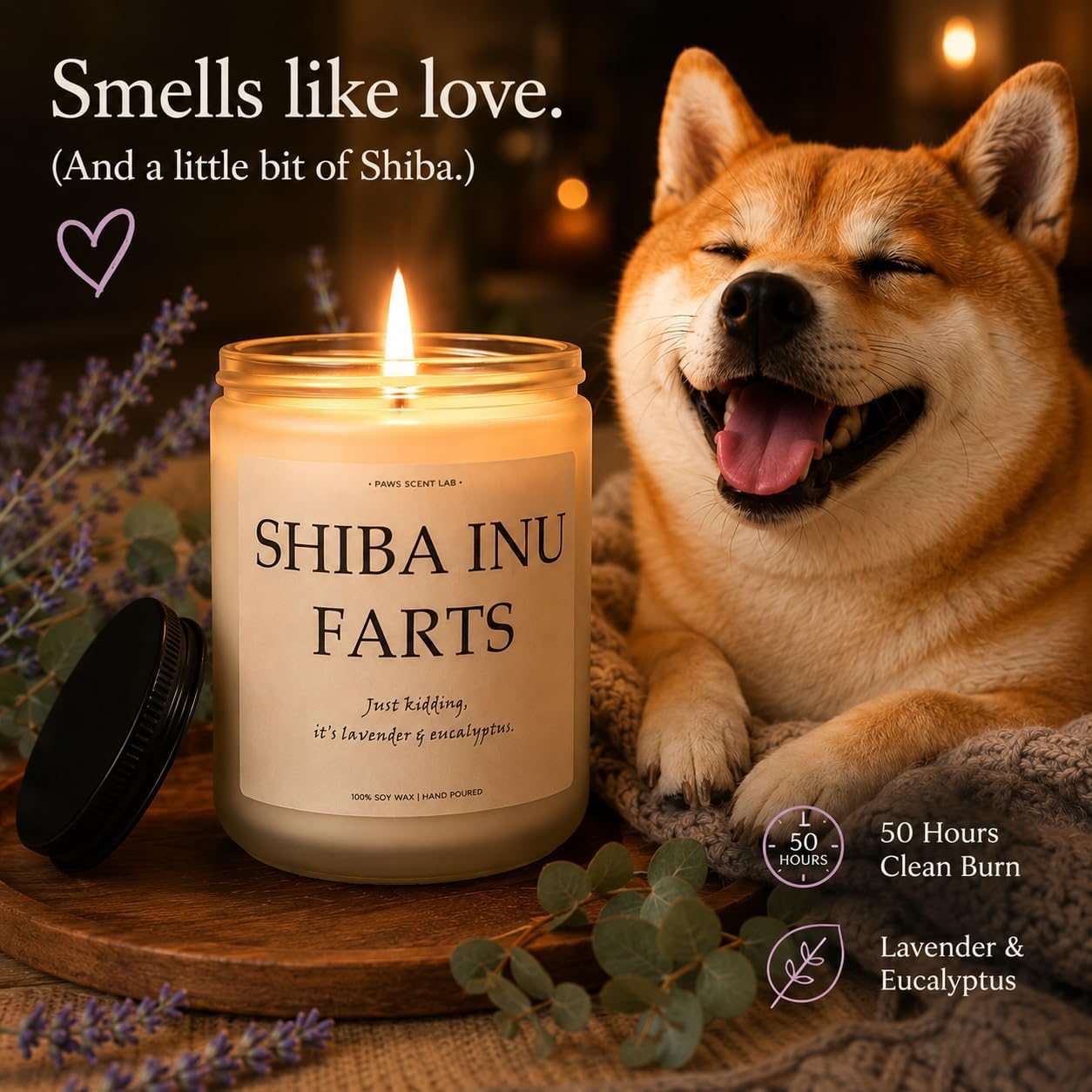 Shiba Inu Gifts & Decor, Dog Farts Candle, Dog Mom Gifts for Women - Lavender & Eucalyptus, Crafted by Natural Soy Wax & Natural Essential Oils, 7OZ