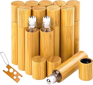 AUHOKY 12Pcs Bamboo Roll on Bottles for Essential Oils, Portable Massage Oil Bottle with Stainless Steel Roller Ball, Reusable Travel Perfumes Sample Lip Gloss Container (1 Opener) (10ML)