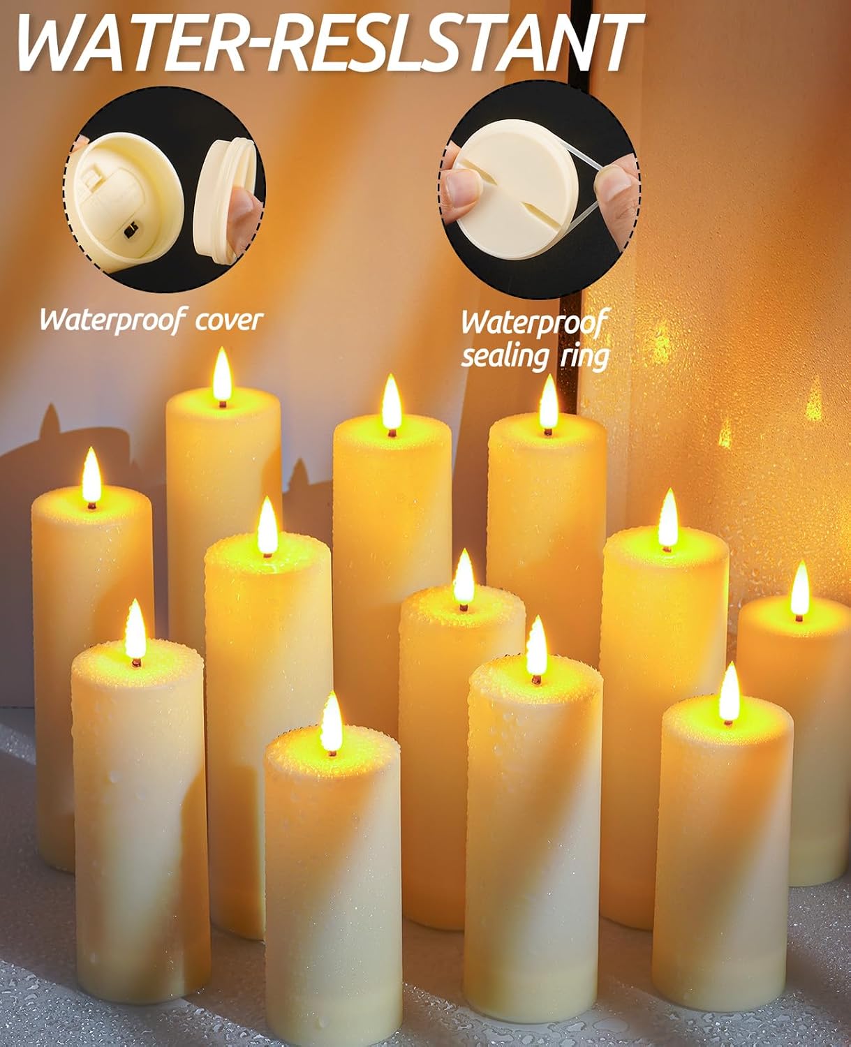 12 Pack Outdoor Waterproof Battery Operated Fake flameless LED Candles Set with Remote Control Timer, Warm White Decorative Candles for Patio Garden Wedding Table Centerpiece Home Decor