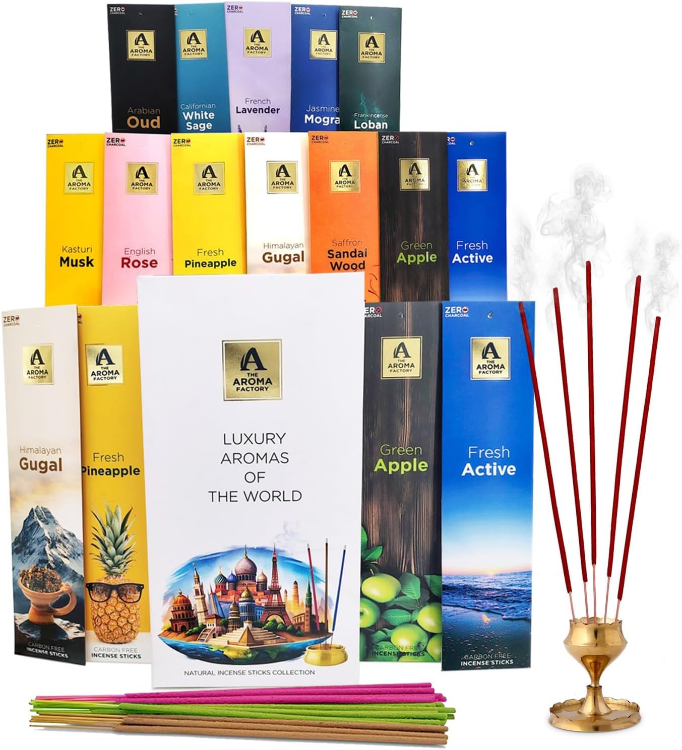 The Aroma Factory Natural Incense Sticks Combo Gift Set with 12 Exotic Agarbatti Fragrances [Artisinal Collection Luxury Aromas of The World] 240 gm