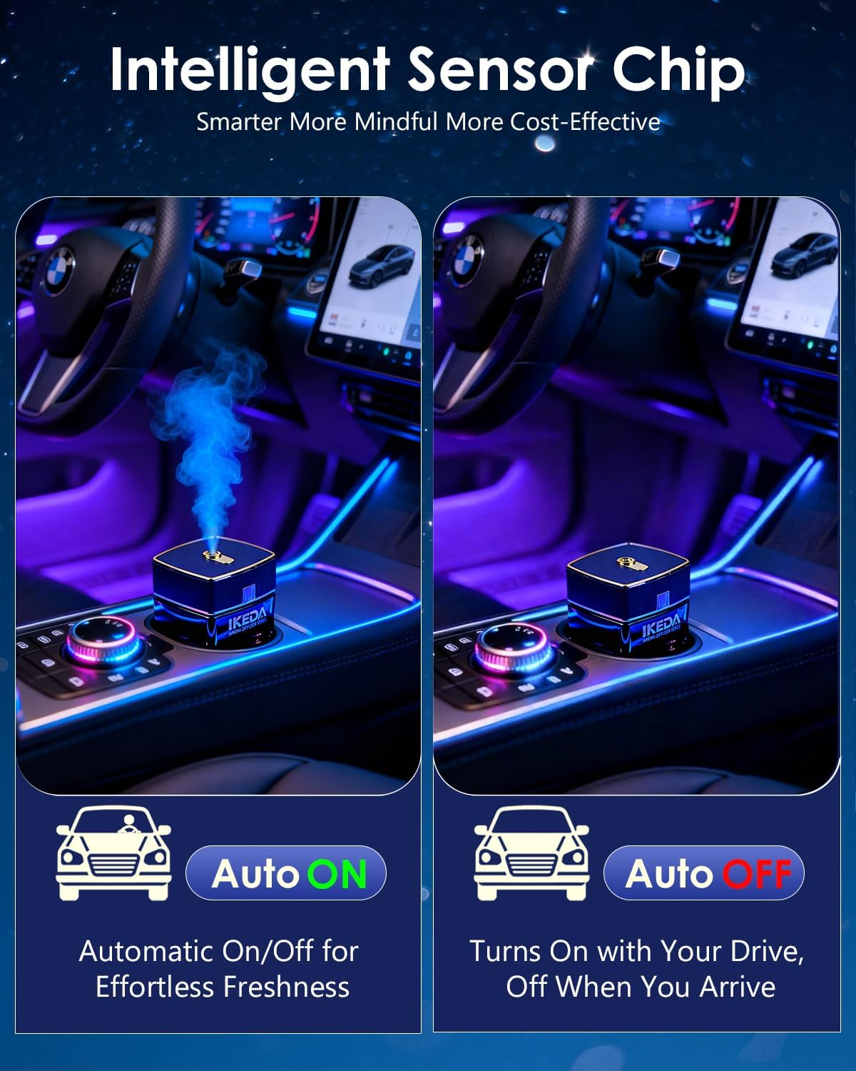 Smart Car Air Fresheners | Luxury Car Aroma Diffuser | with 120ml Long Lasting Perfume | Auto On/Off Car Diffuser | Mini Cube Diffuser for Car, Home by Ikeda (Black)