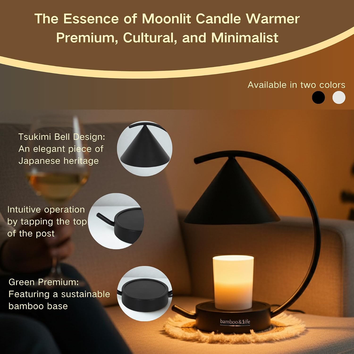 Moonlit TouchOn Candle Warmer,Eco-Luxury 5-Pc Gift Set incl. Fringe Mat&Wax Dish,Authentic Japan Design,Touch Dimmer,Real Bamboo Base,UL&ETL Certified,US Brand,Birthday&Housewarming Gift
