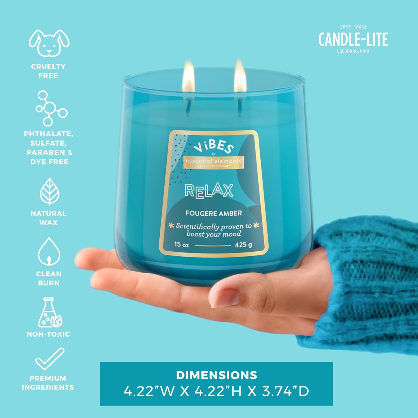 Candle-Lite Vibes Fougere Amber Mood-Enhancing Scented Candles, 15 oz Jar, Aromatherapy, Proudly Poured in The USA, 2-Wick, 86 Hours Burn Time, Perfect Relaxation Gift