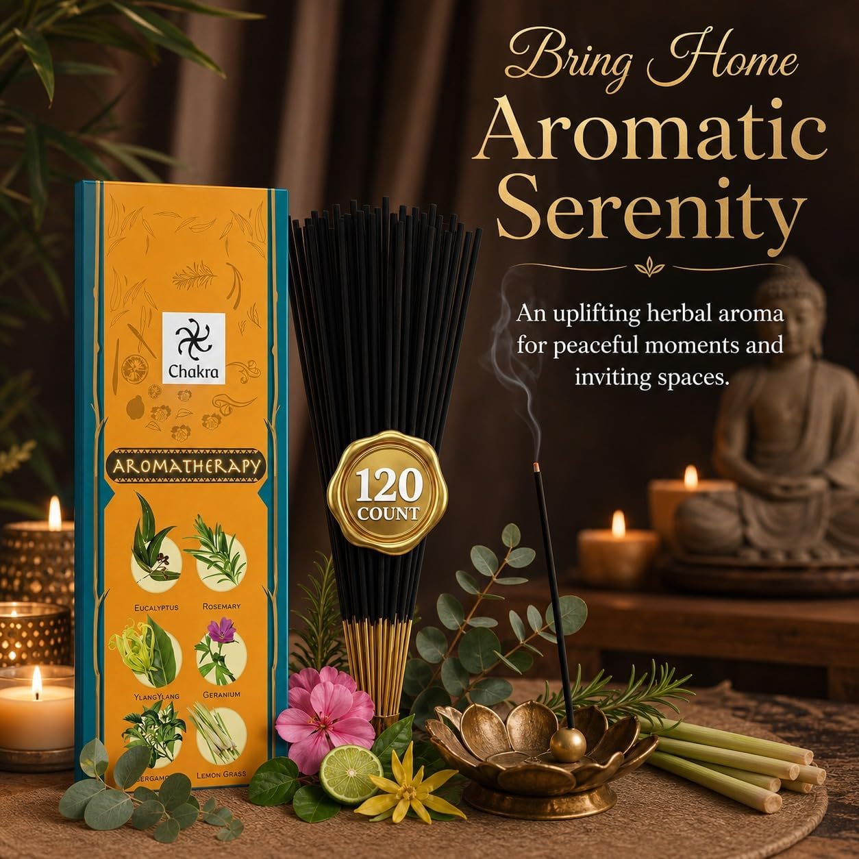 Aromatherapy Incense Gift Pack – 120 Natural Sticks (6 Boxes) – Relaxing, Stress Relief, Meditation, Refreshing, Sensuality & Energising Scents – Eucalyptus, Geranium & More | Chakra