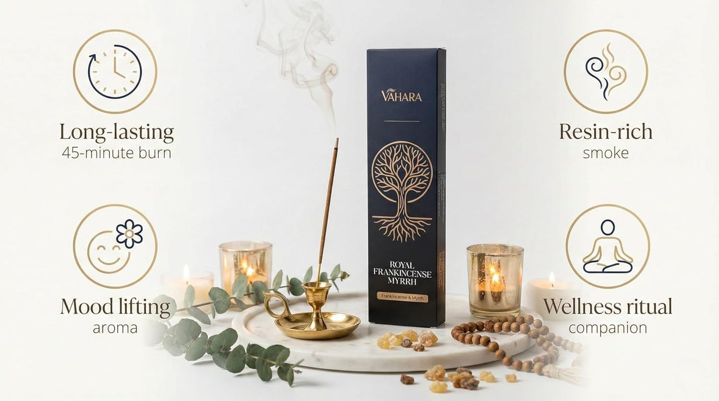 Premium Vahara Royal Frankincense and Myrrh Incense Sticks 100g | Resin Blend Masala Agarbatti for Meditation Prayer & Cleansing | Natural Earthy Home Fragrance