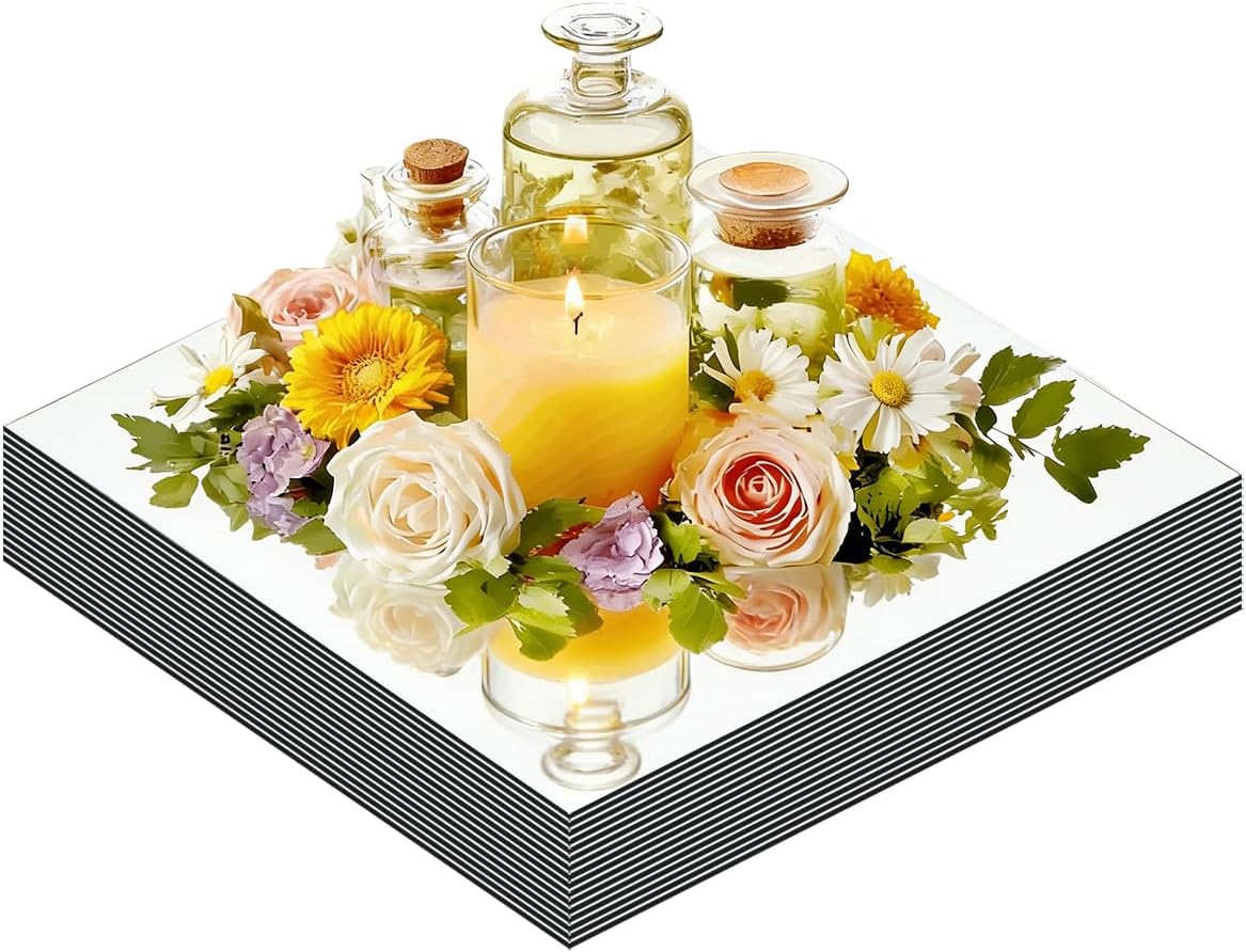 20PCS Acrylic Square Mirror Centerpieces for Tables,12" Bulk Mirrored Trays Candle Holder Plate Acrylic Mirror Tiles for Wedding Birthday Christmas Party Table Decorations, Craft (12inch)