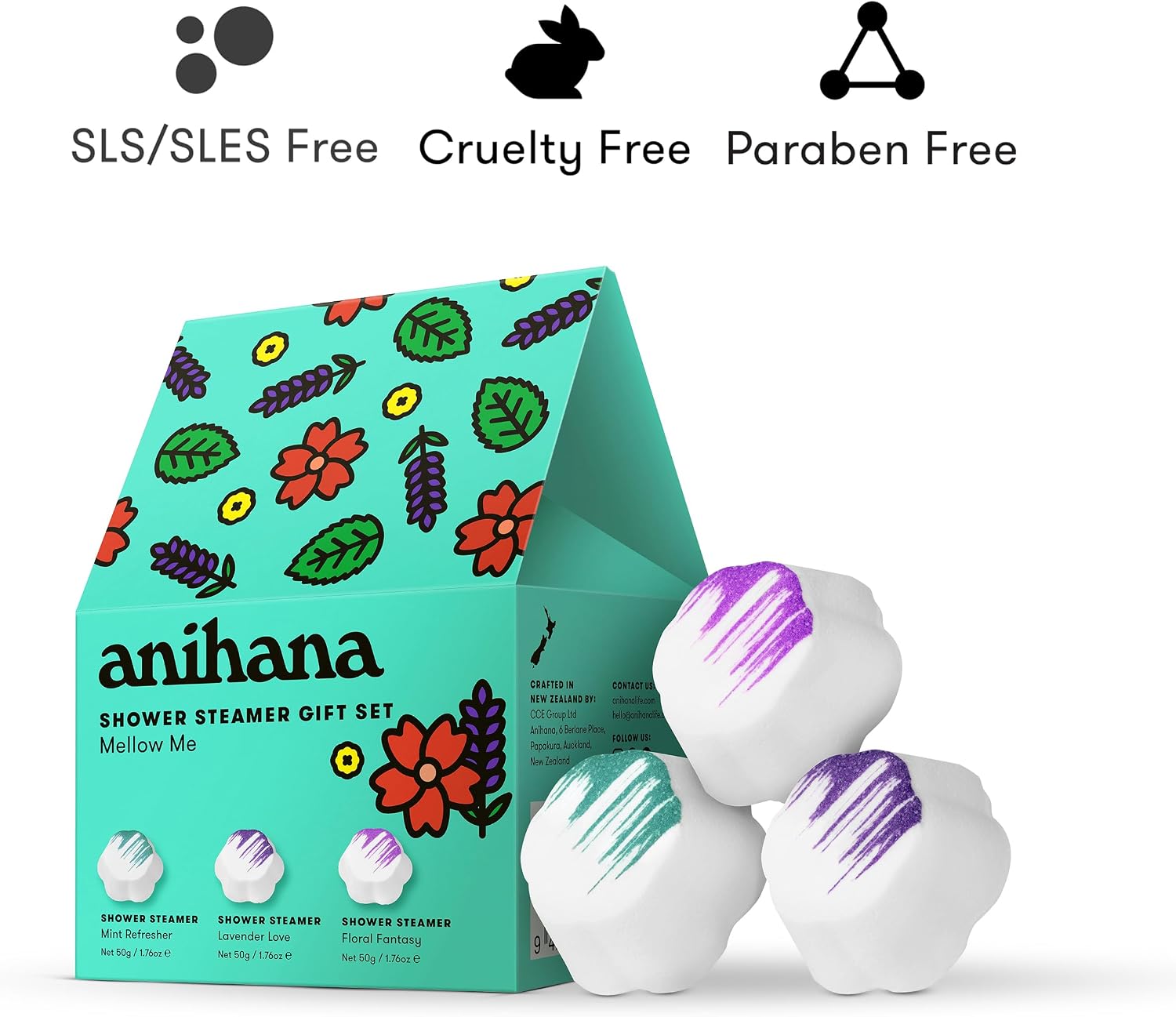 ANIHANA Shower Steamers Mellow Me 3 Pack Gift Set with Essential Oils, Paraben Free, Mint Refresher, Lavender Love, Floral Fantasy, 1.76 oz Each