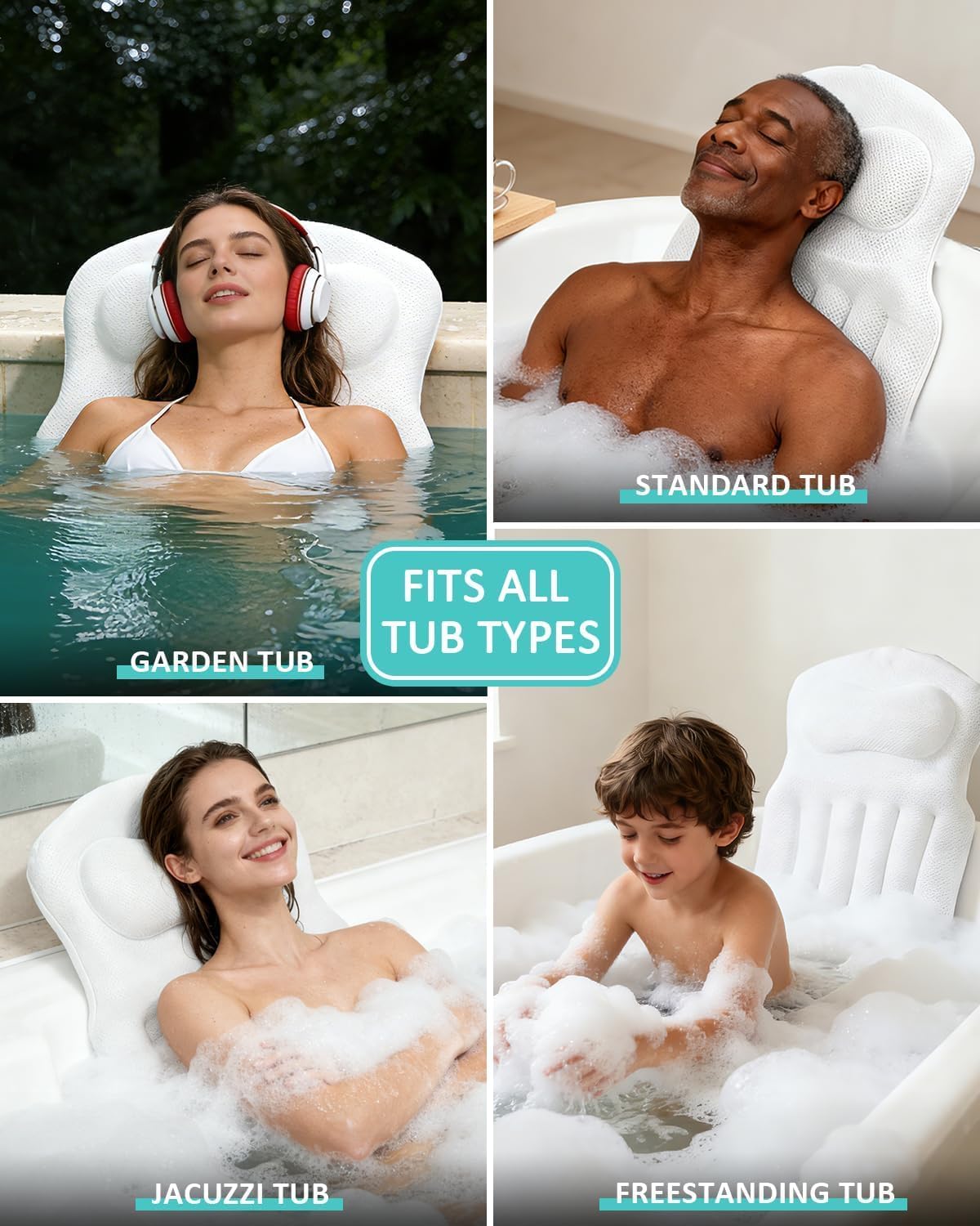 Full Body Bath Pillow for Bathtub, 5D Thick Tub Pillow for Bathtub with Movable Head, Neck & Lumbar Support, Laundry Bag & Hook, Bathtub Pillow for Post-Yoga Spa, Deep Relaxation(White, 51"*15")
