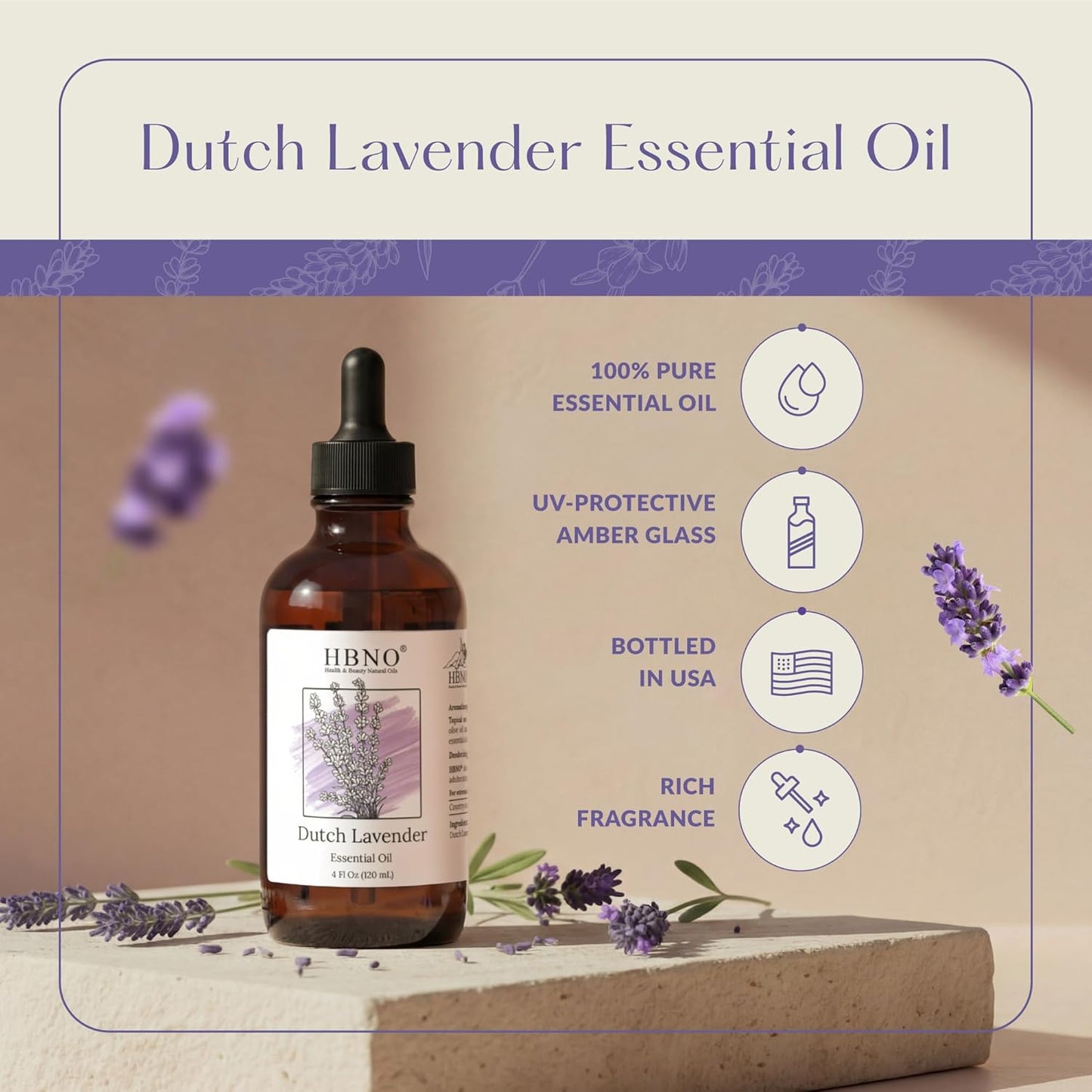 HBNO California Bottled Dutch Lavender Essential Oil 4 fl oz (120ml) - Natural Lavender Oil for Skin, Perfect for Cleaning, Aromatherapy, DIY & Diffuser
