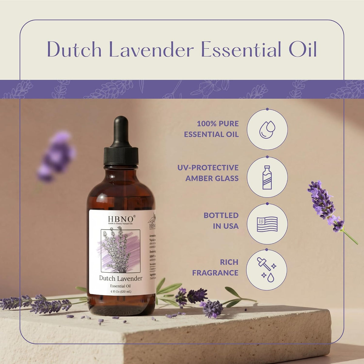 HBNO California Bottled Dutch Lavender Essential Oil 4 fl oz (120ml) - Natural Lavender Oil for Skin