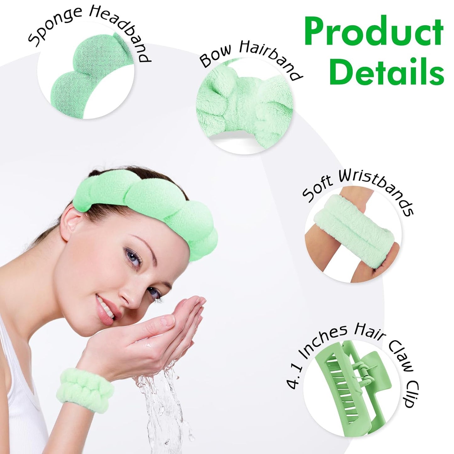 Zkptops 5Pcs Spa Headband for Washing Face Wristband Set Sponge Makeup Skincare Terry Cloth Bubble Soft Hairband Hair Claw Clips for Thick Hair Puffy Padded Headwear Non Slip Hairs Accessory (Green)