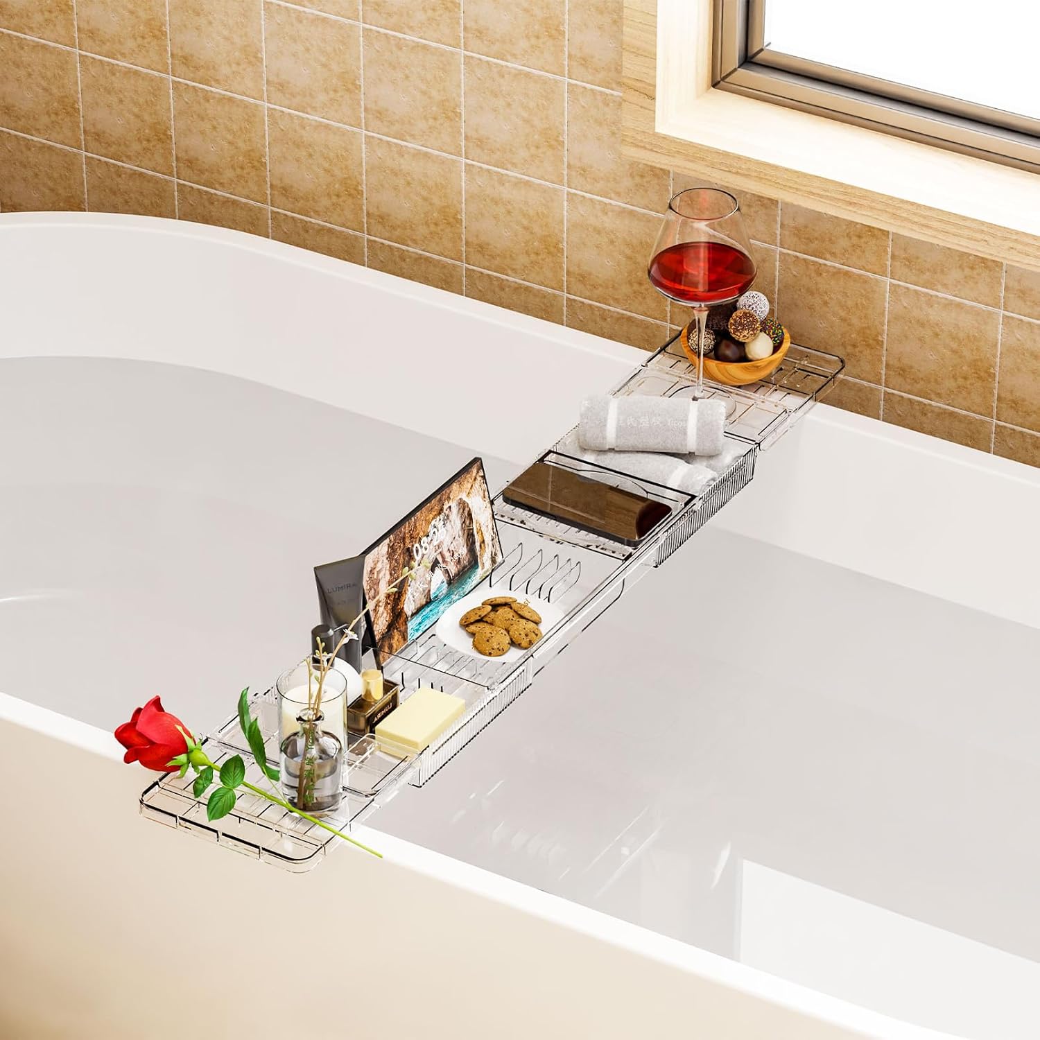 Yieach Iuxury Bathtub Trays For Tub,Expandable Bath Shelf Over Tub,Clear Bath Table,Bath Board,Bath Caddy Tray and Bath Tub Accessories for Women Relaxing With Bath Reading Book and Ipad Holder,1 Pack