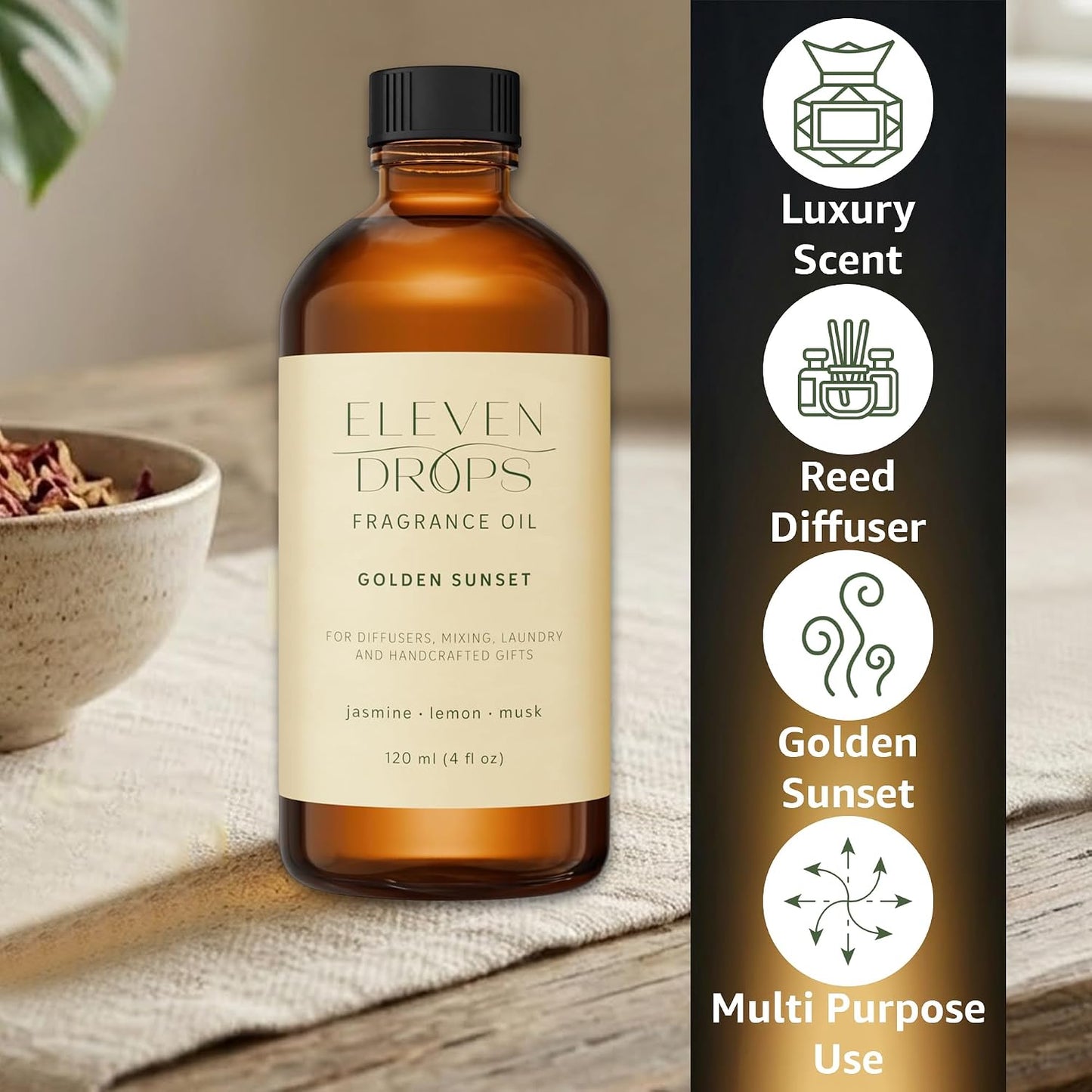 Golden Sunset Fragrance Oil | Jasmine, Lemon & Musk Notes | Long Lasting Scent Reed Diffuser Oil for Home, Office, Hotel, Spa, Car & Linen Spray | Pet Friendly IFRA Compliant, 4 oz
