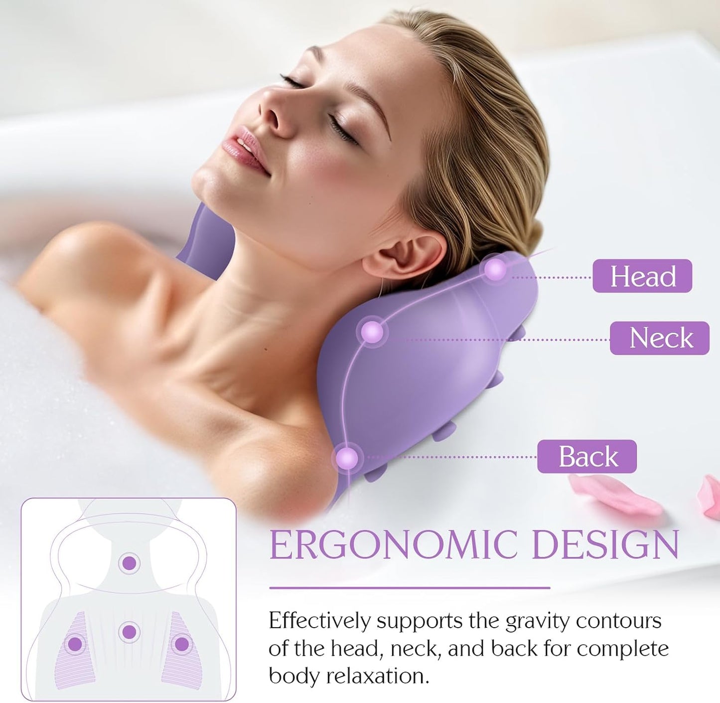 Silicone Bath Pillow, New Material Bath Pillows for Tub Head Neck and Back Support, Bath Tub Pillow with 4D Press Inflatable Airbag and Non-Slip Strong Suction Cups, Quick-Drying, Easy to Store,Purple