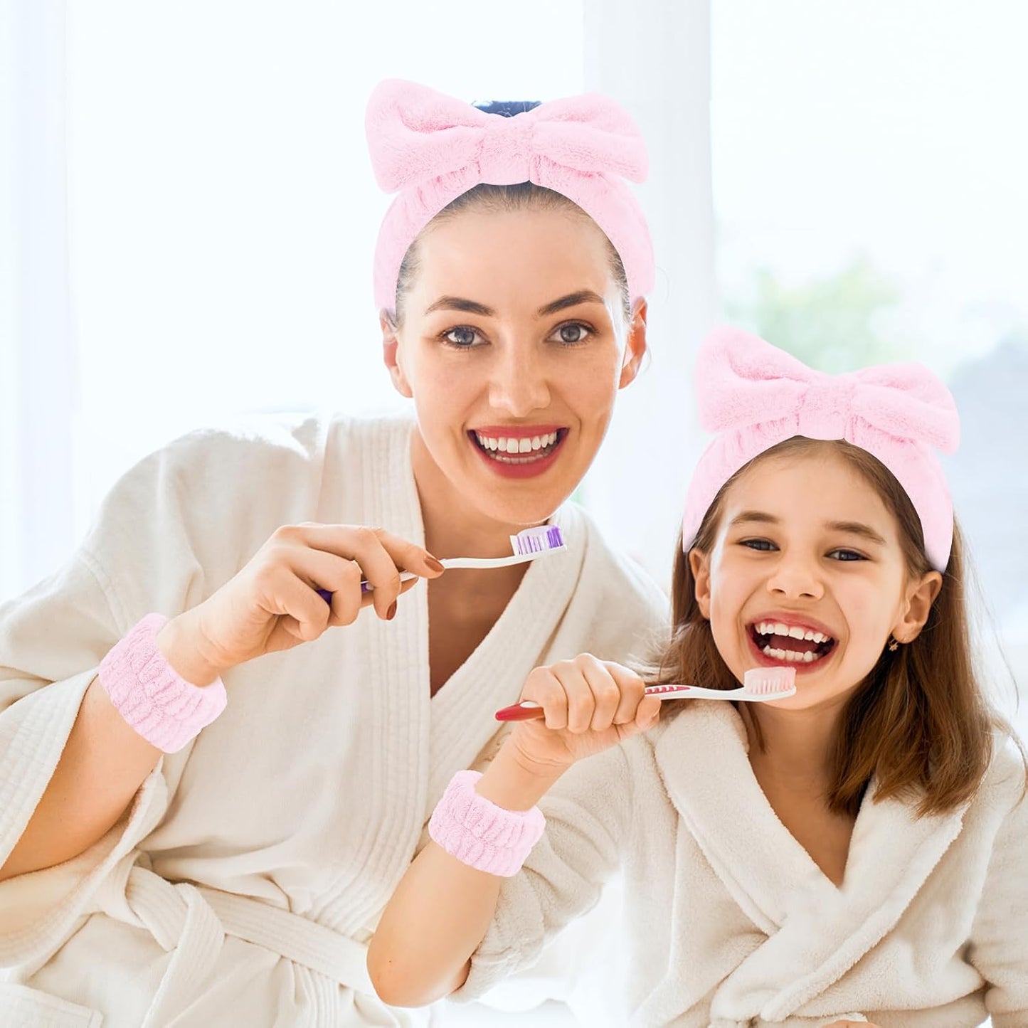 CIEHER 12 PCS Pink Makeup Headband for Women Wrist Washband Scrunchies Cuffs for Washing Face, Soft Bow Hair Band Matching Wristbands, Spa Headband Coral Fleece