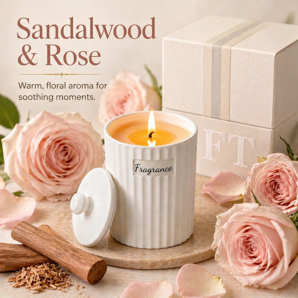 Viyffo 6.35oz Small Scented Candle – Sandalwood & Rose, Non Toxic Soy Candle for Women and Men, White Matte Ceramic Jar with Lid, Luxury Home Fragrance, Nordic Décor & Gift