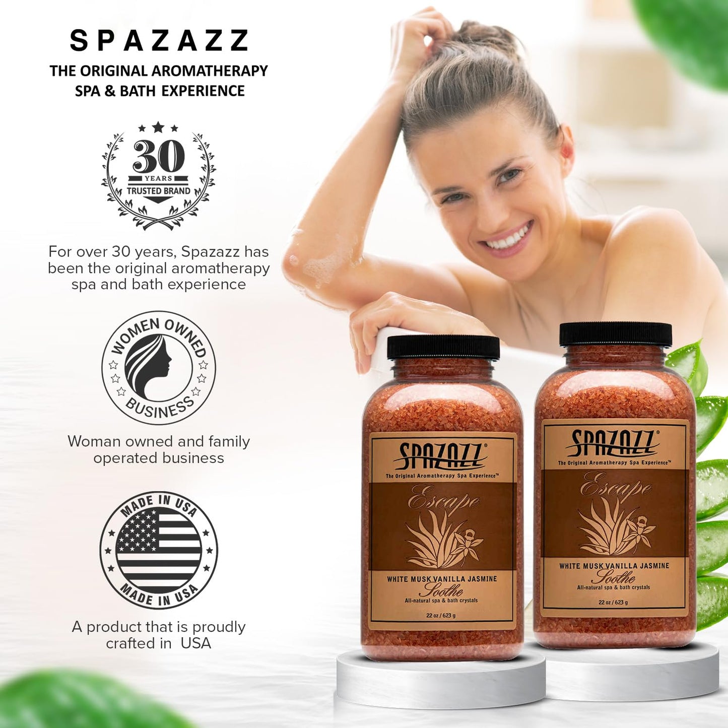 Spazzaz Escape Hot Tub & Spa Bath Salt Aromatherapy Crystals – 22oz White Musk Vanilla Jasmine Scented Bath Salts – Mineral Soaking Salts for Relaxing Bath Experience