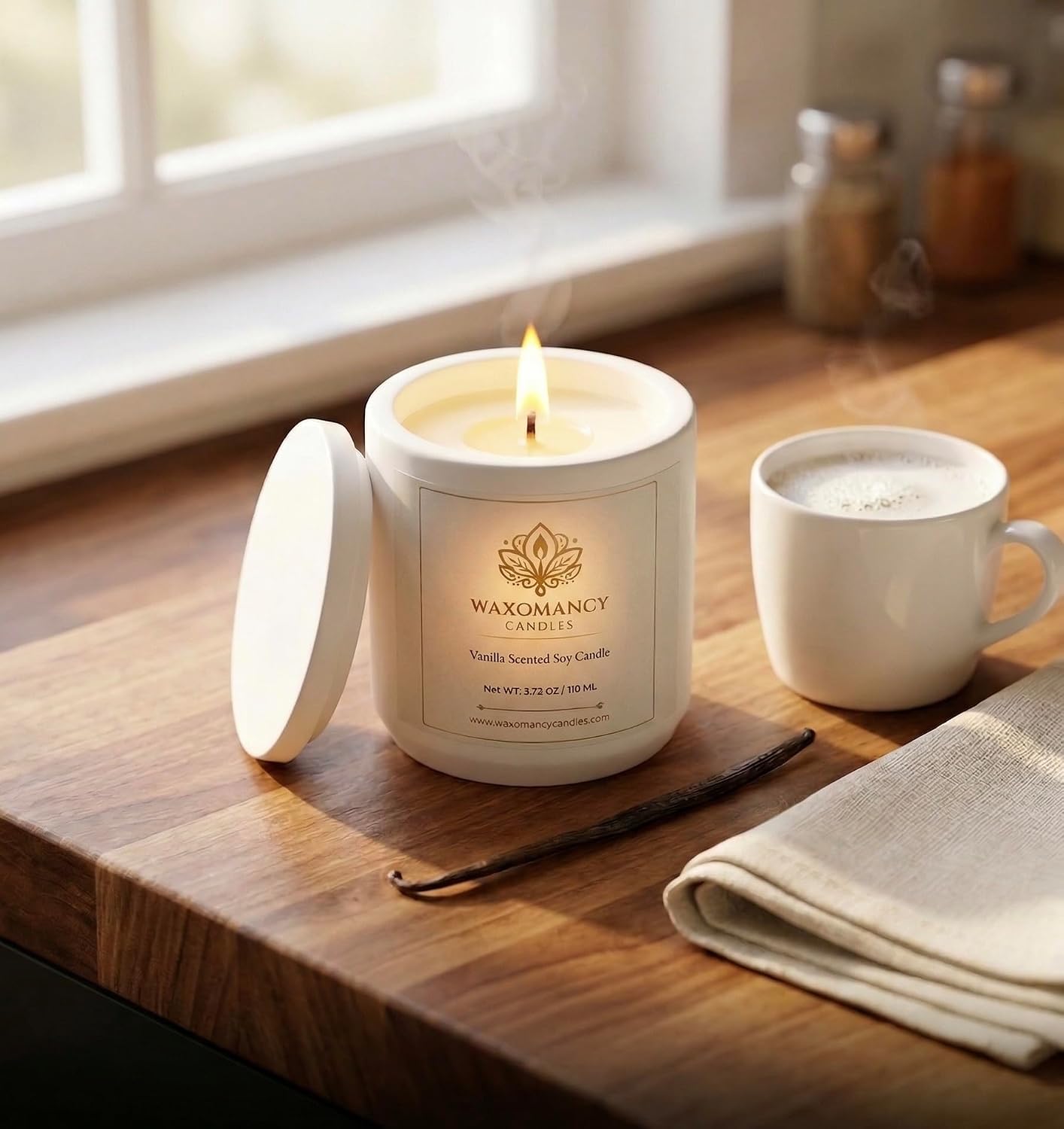Vanilla Scented Soy Candle – 3.72 oz Hand-Poured Natural Candle in White Stone Jar with Lid – 100% Soy Wax – Home Décor, Relaxation & Gift