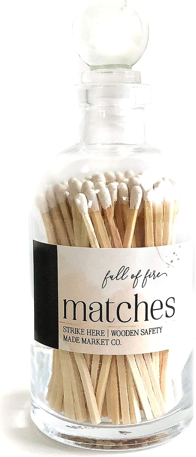Safety Matches in Apothecary Bottle | Wooden White Tip Matchsticks for Candle & Decor | Fancy 3.5" Matches | Glass Jar Holder with Cork & Striker (Large)