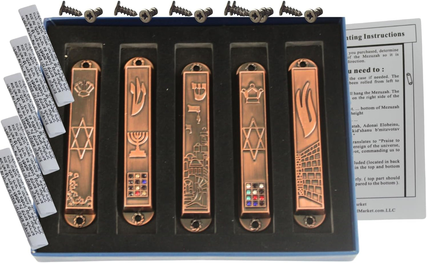 Holy Land Market A Set of 5 Clean and Smooth Cut Mezuzahs Symbols with Different enameled Themes. Each is About 3.5 Inches and Comes with Scrolls and Screws for Hanging (Copper)