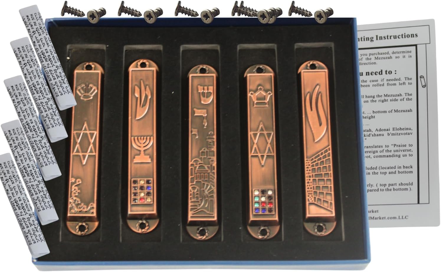 Holy Land Market A Set of 5 Clean and Smooth Cut Mezuzahs Symbols with Different enameled Themes. Each is About 3.5 Inches and Comes with Scrolls and Screws for Hanging (Copper)