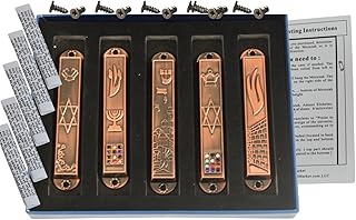 Holy Land Market A Set of 5 Clean and Smooth Cut Mezuzahs Symbols with Different enameled Themes. Each is About 3.5 Inches and Comes with Scrolls and Screws for Hanging (Copper)