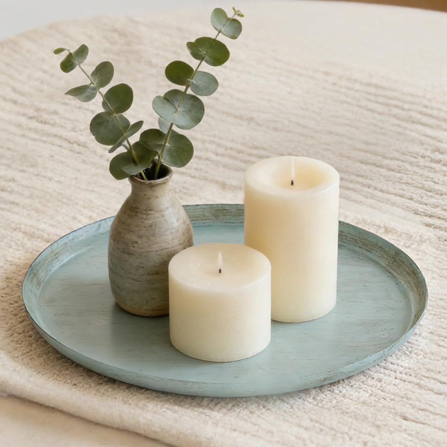 Sziqiqi Round Candle Tray Decor: Sage Green Decorative Tray for Coffee Table - 11-inch Farmhouse Metal Tray for Living Room Kitchen