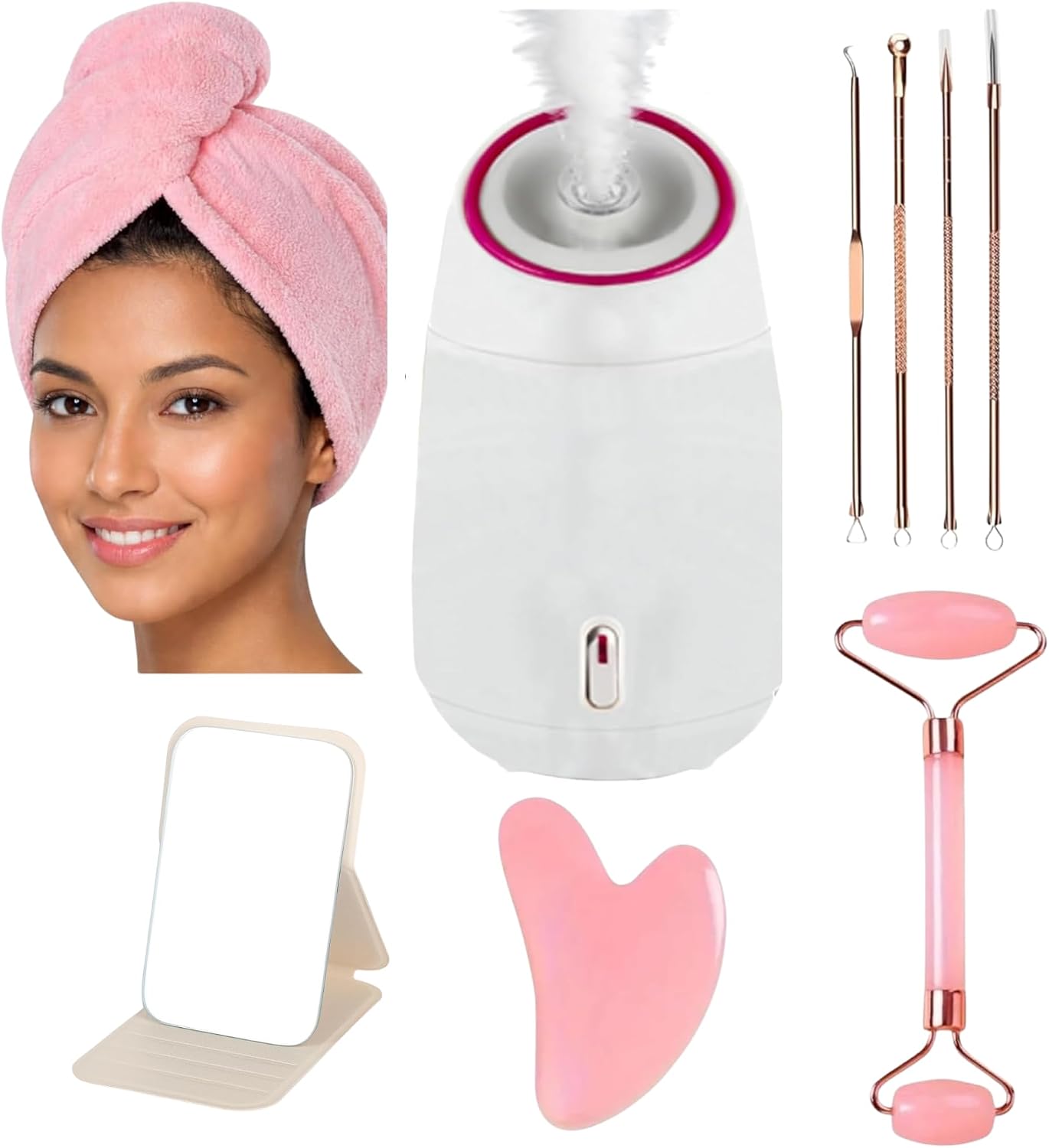 Facial Steamer,Complete Home Spa Set – Jade Roller, Gua Sha, Blackhead Remover Tools, Microfiber Hair Towel, Deep Pore Cleansing, Hydrating