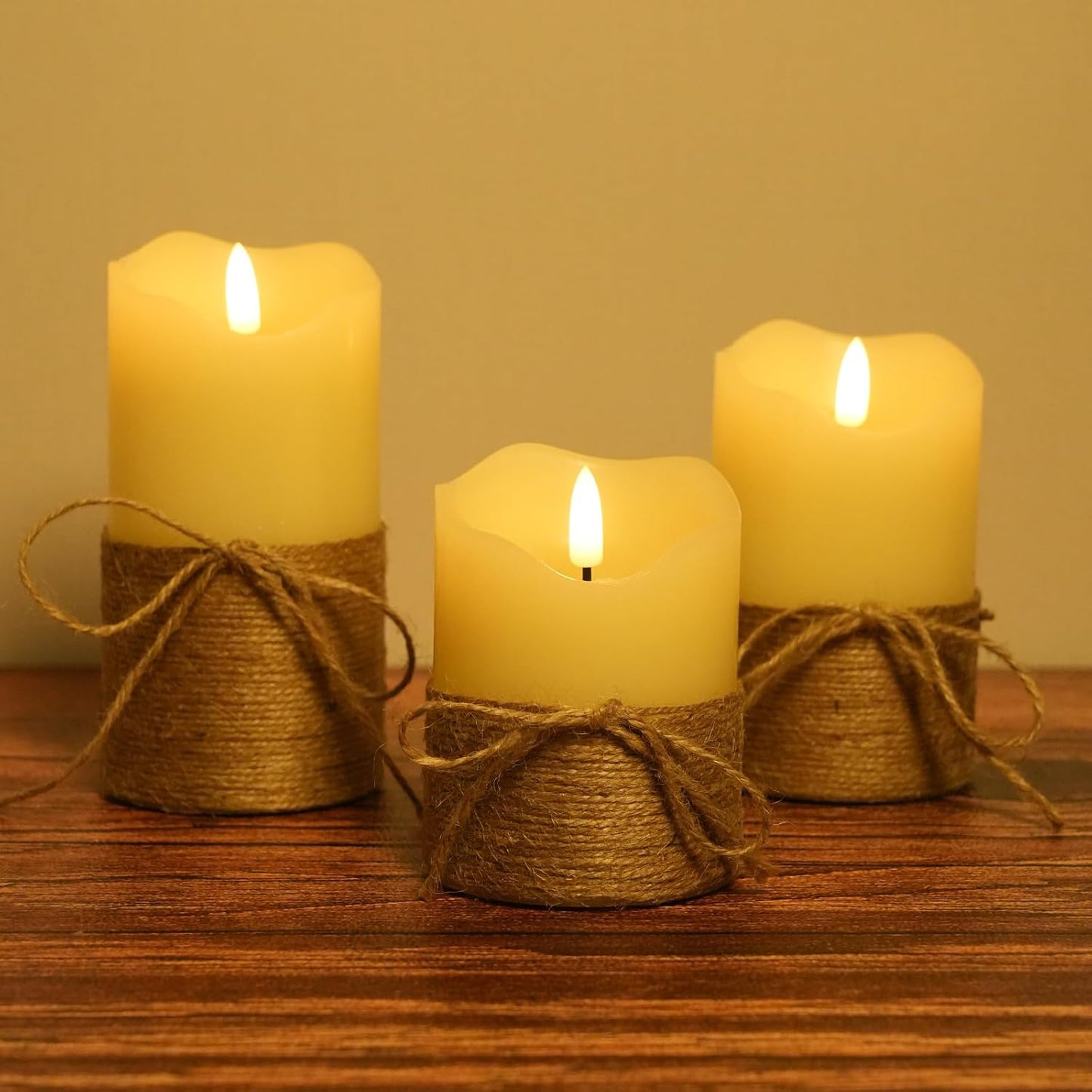 Flameless Candles with Remote Timer-3D Flickering Hemp Rope LED Candles Set of 3(4”/5”/6”, Battery Powered for Home/Wedding/Party/Table Decorations
