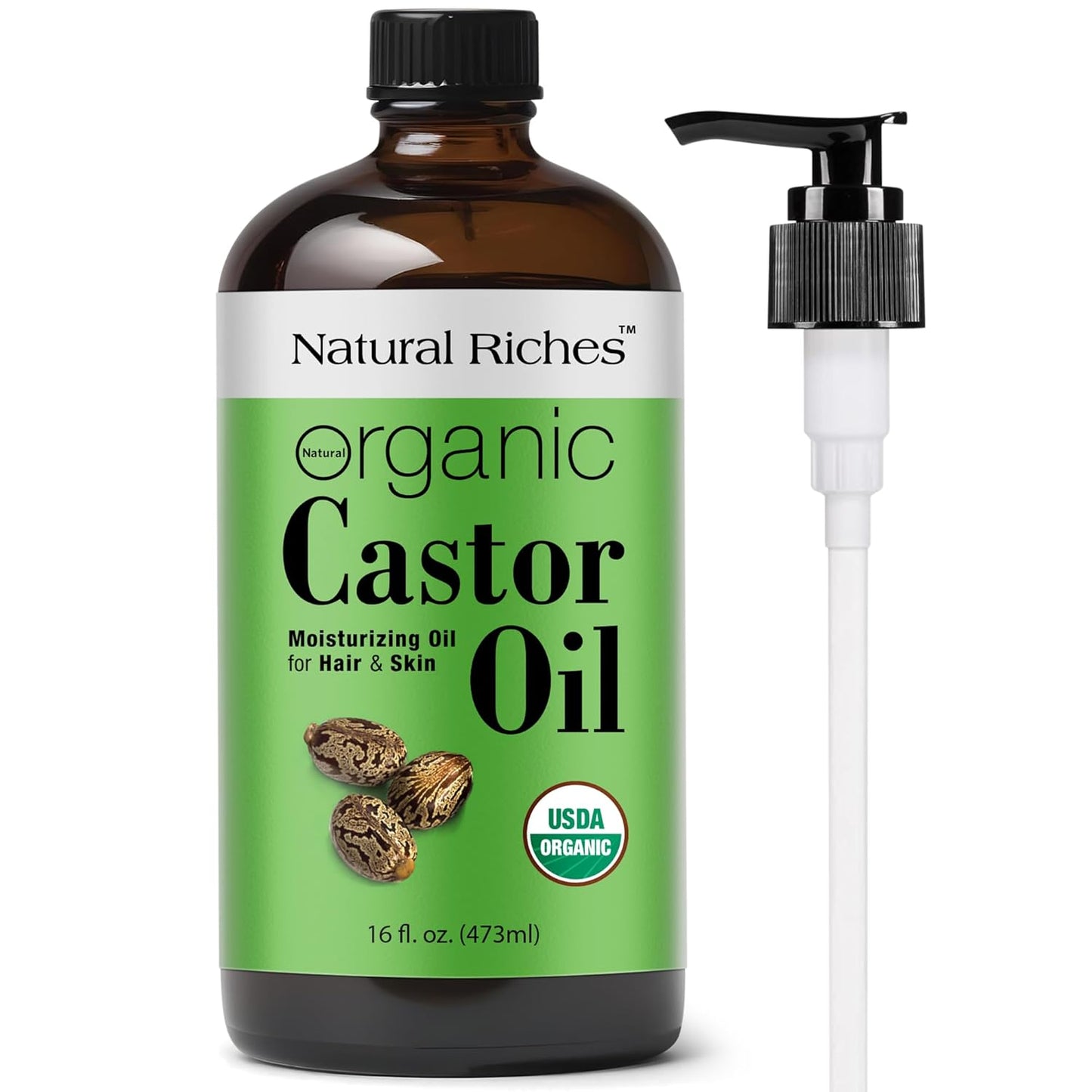 Natural Riches Organic Castor Oil Glass Bottle - USDA Certified, 100% Pure, Unrefined & Cold Pressed – Soothes Dry Skin, Scalp - For Hair Growth & Thicker Eyelashes, Eyebrows – 16 fl oz