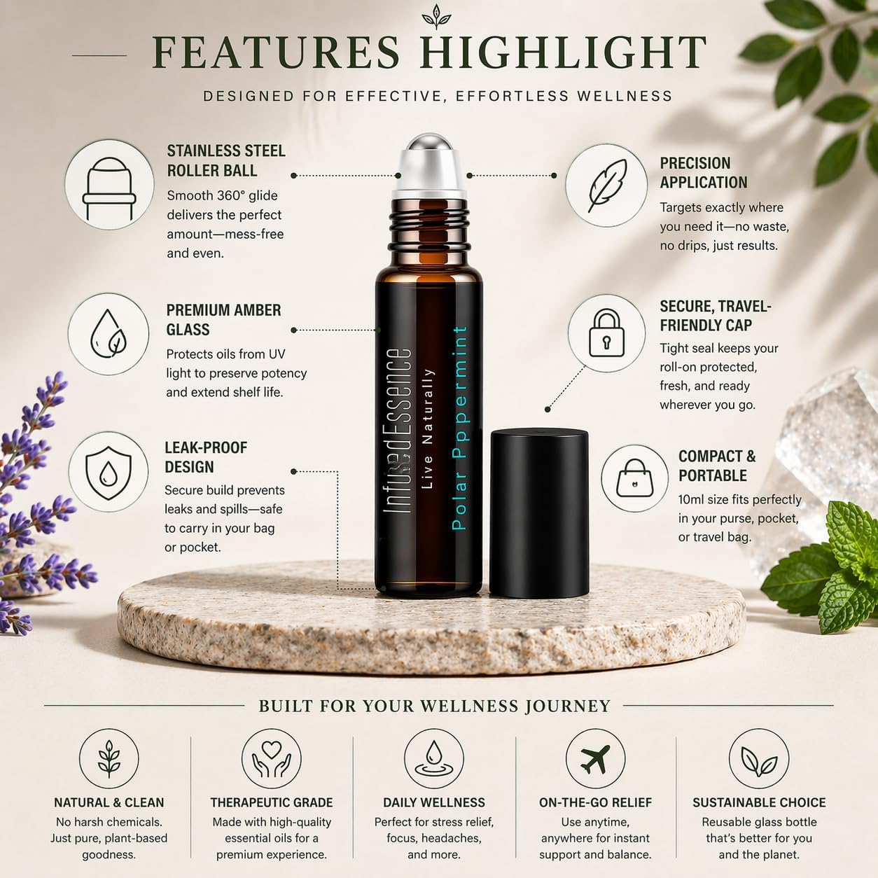 Polar Peppermint Essential Oil Roll-On 10 ml – 100% Pure & Natural Peppermint Aromatherapy Roller – Cooling Sensation for Focus, Relaxation & Daily Wellness