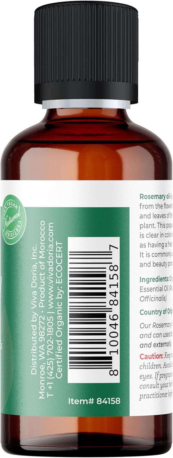 Viva Doria Rosemary Essential Oil, USDA Certified, Organic Rosemary Oil, 100% Pure, Natural Essential Oil, Undiluted, for Aromatherapy | Food Grade, 30 mL (1 Fluid Ounce)