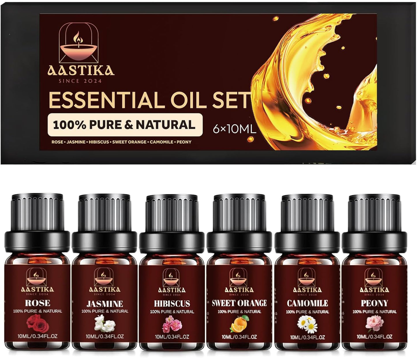 Aastika Flower Essential Oil Set – 100% Pure & Natural, 6X10ml(Rose, Jasmine, Hibiscus, Sweet Orange, Camomile, Peony) Bottle