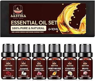 Aastika Flower Essential Oil Set – 100% Pure & Natural, 6X10ml(Rose, Jasmine, Hibiscus, Sweet Orange, Camomile, Peony) Bottle
