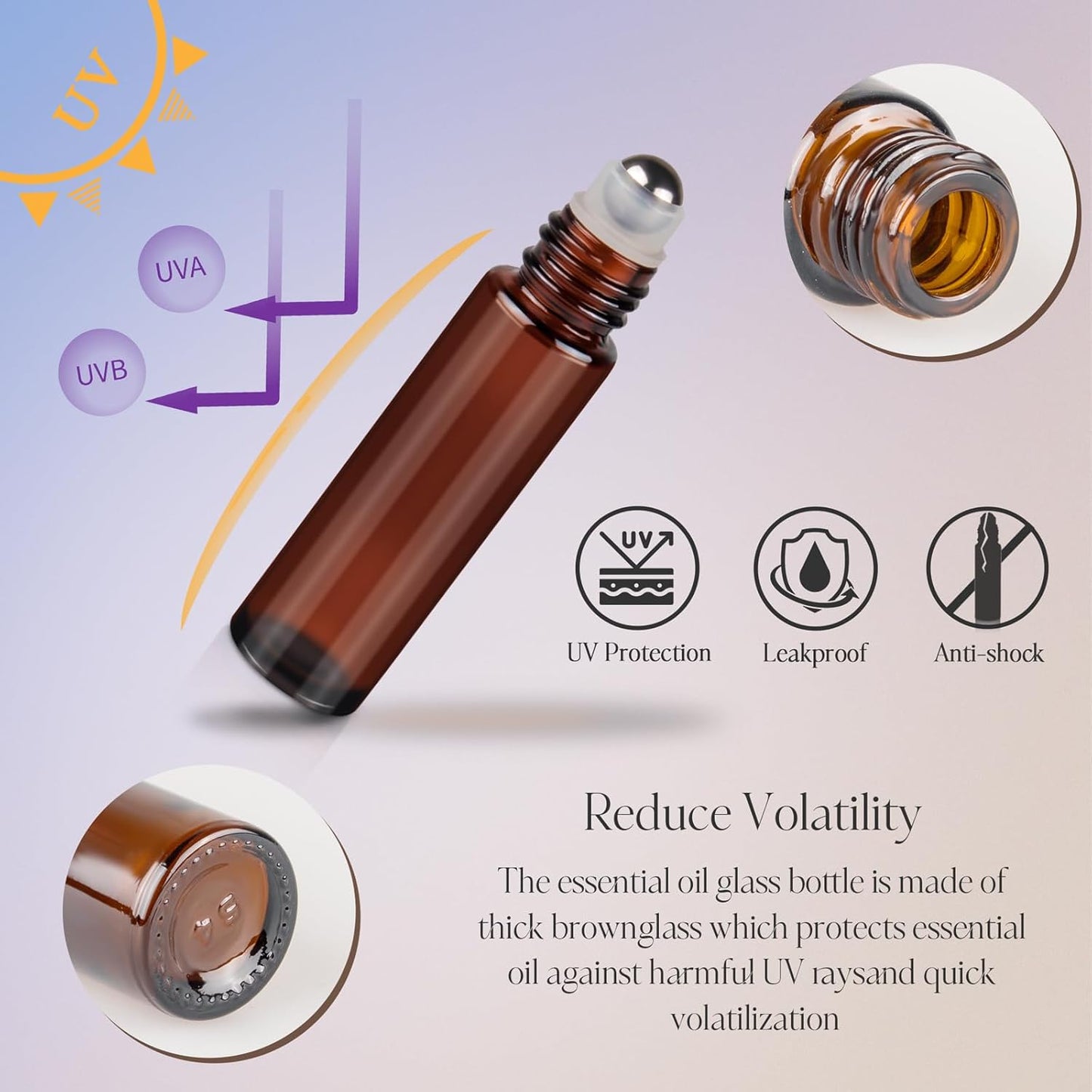 10ml Roller Bottles for Essential Oils, 6 Pack Glass Roll on Bottles, Refillable Perfume Bottle, with Stainless Steel Roller Balls, 2 Droppers, 1 Opener, Labels(Amber)