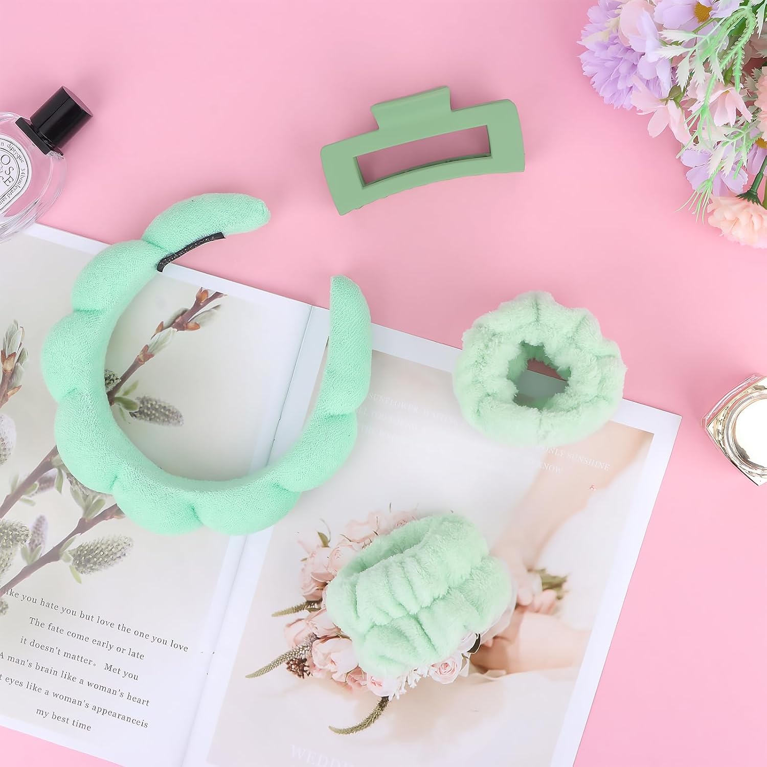 Wecoe Spa Headband And Wristband Set Skincare Headband For Washing Face Hair Claw Clips For Thick Hair Cute Green Puffy Sponge Makeup Bubble Head Band Wrist Towels Scrunchies For Women Girls