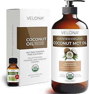 velona USDA Certified Organic MCT Coconut Oil - 16 fl oz in Glass Bottle | 100% from Coconut | Fractionated | Skin, Face, Body, Hair Care
