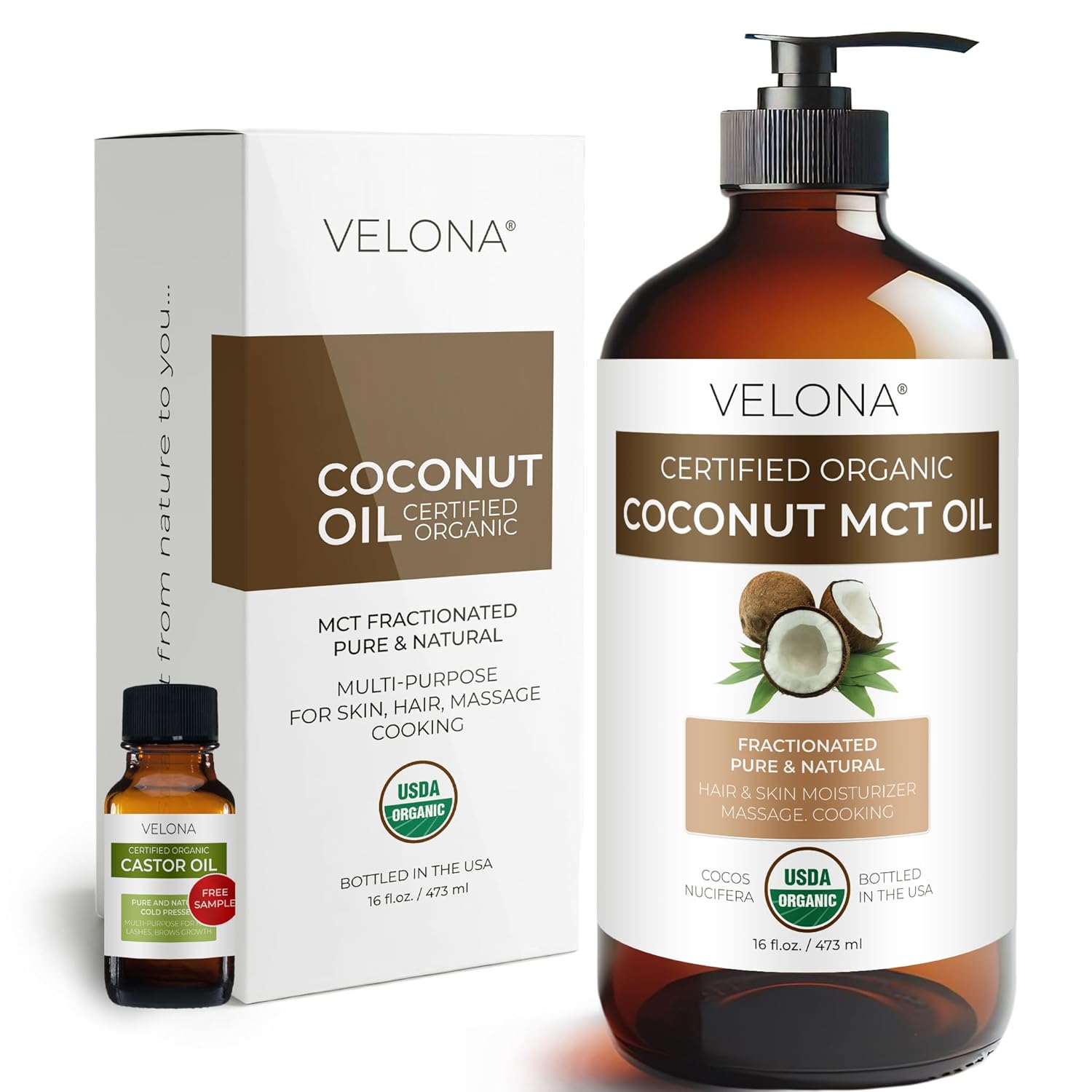 velona USDA Certified Organic MCT Coconut Oil - 16 fl oz in Glass Bottle | 100% from Coconut | Fractionated | Skin, Face, Body, Hair Care