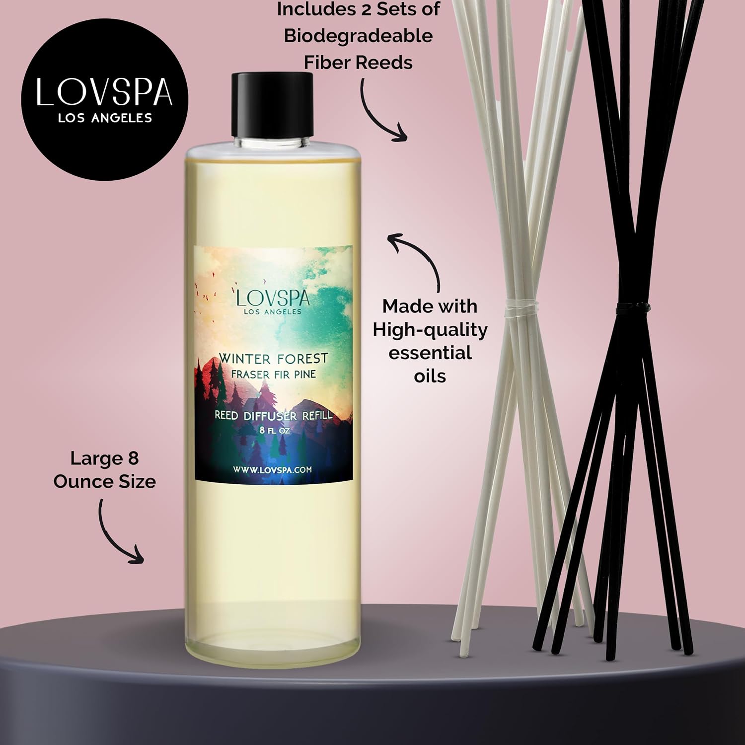 Winter Forest Reed Diffuser Oil Refill, 8 oz, Hotel Scent, Spa Aroma | Fir needles, juniper, and sandalwood profile, includes replacement reeds, room fragrance, entryway, shelf decor, powder room