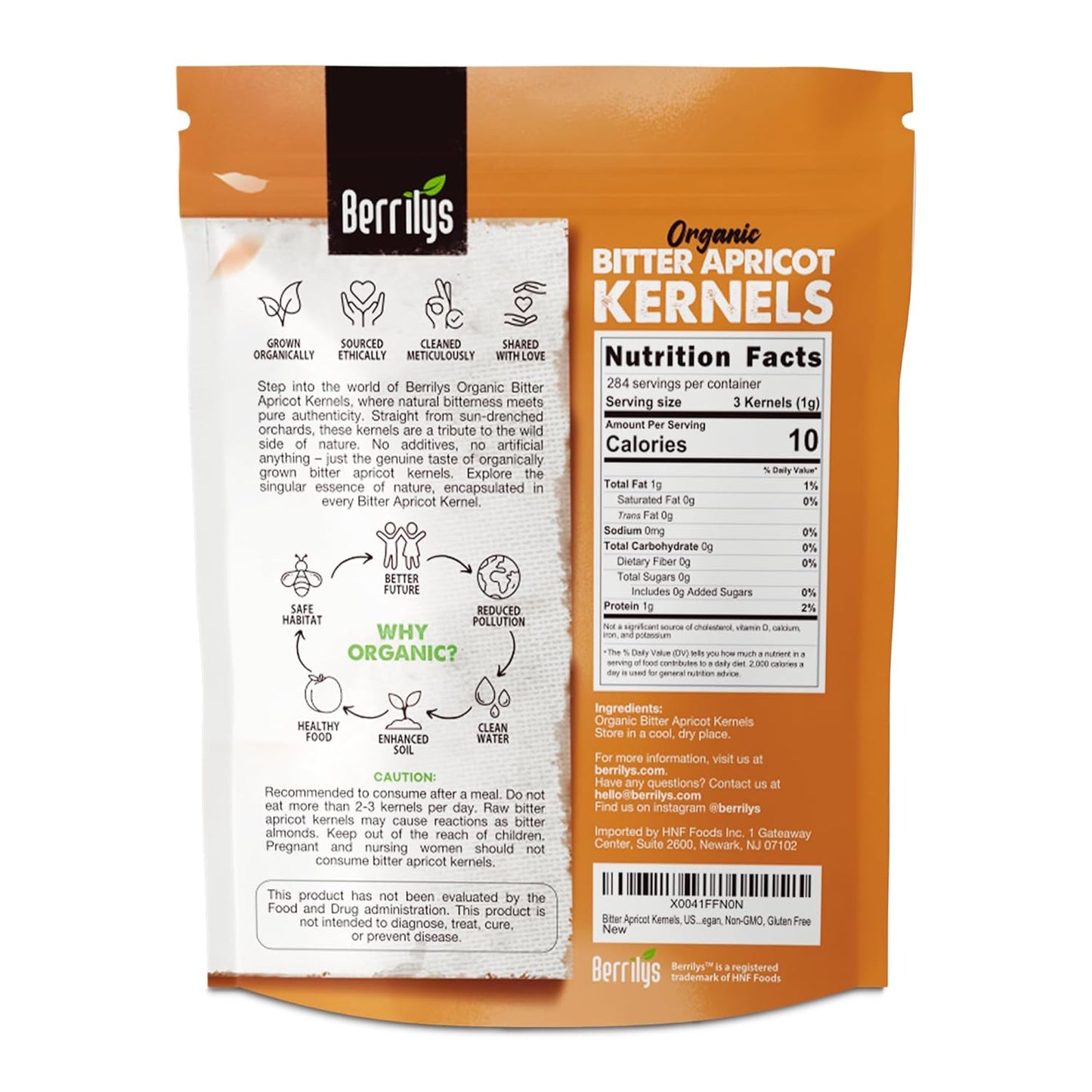 Berrilys Organic Bitter Apricot Kernels - USDA Certified Organic Bitter Apricot Seeds - Natural & Non-GMO, Premium Quality Kernals, No Sulfur or Additives - 10 oz