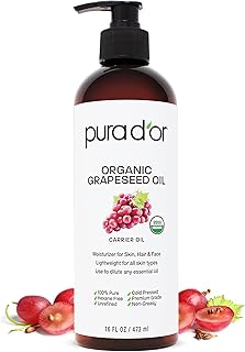 PURA D'OR ORGANIC Grapeseed Oil (16 Oz) 100% Pure & Natural USDA Certified Cold Pressed Carrier Oil For DIY Beauty - Unscented, Hexane Free Liquid Moisturizer - Face Skin & Hair