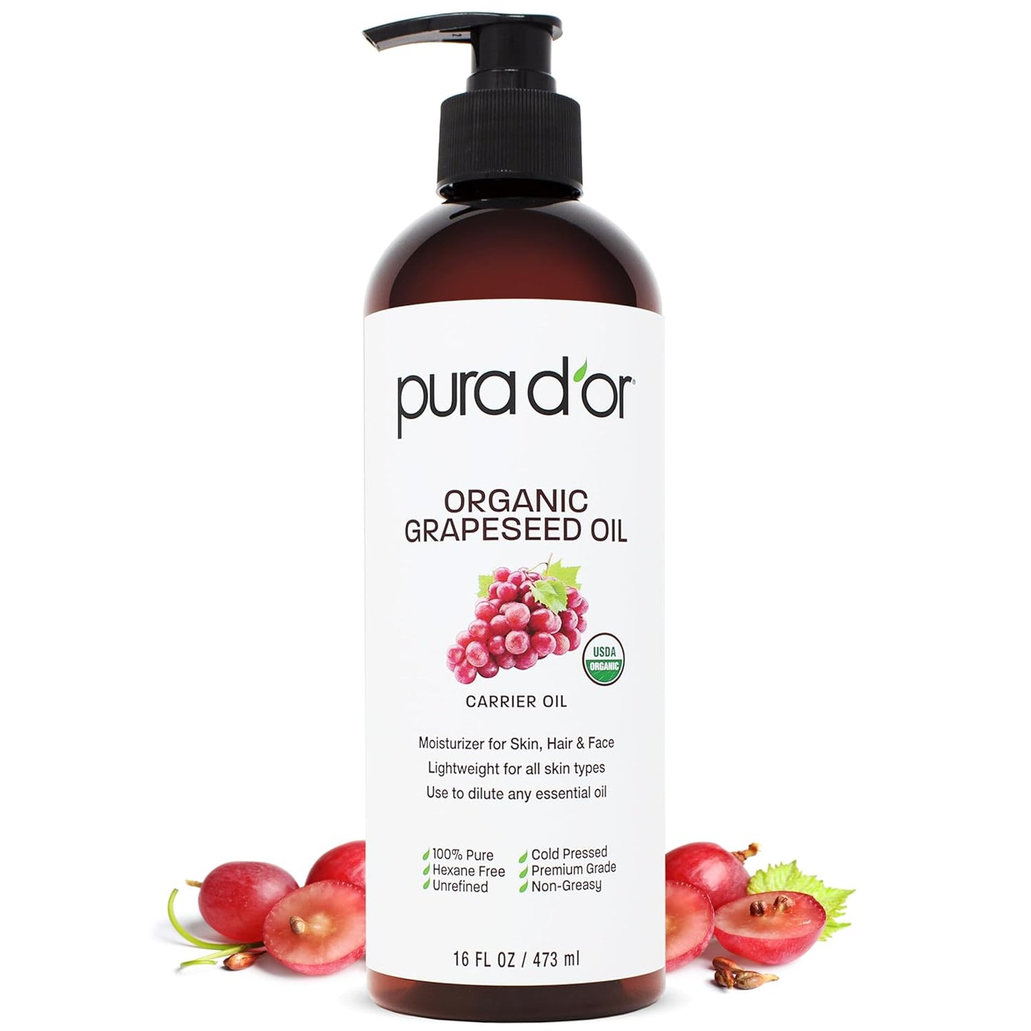 PURA D'OR ORGANIC Grapeseed Oil (16 Oz) 100% Pure & Natural USDA Certified Cold Pressed Carrier Oil For DIY Beauty - Unscented, Hexane Free Liquid Moisturizer - Face Skin & Hair